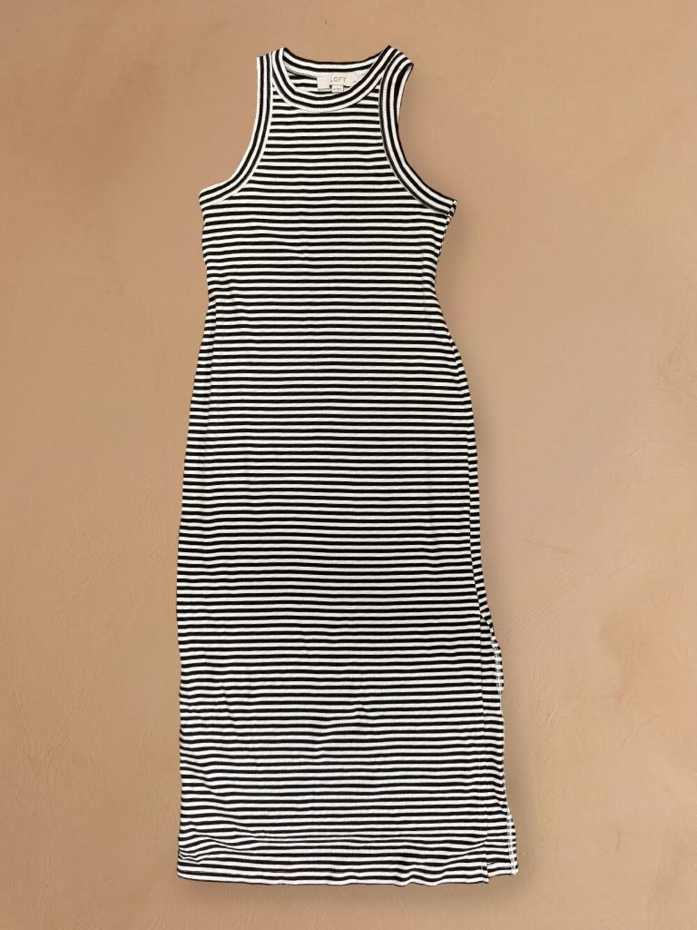 LOFT Striped Racerback Maxi Dress Black White Nautical Sleeveless Side Slit